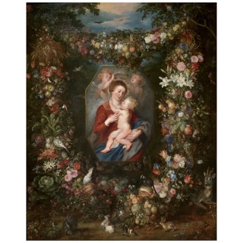Yogamat "La Virgen y el Niño en un cuadro rodeado de flores y frutas" (detalle flores)